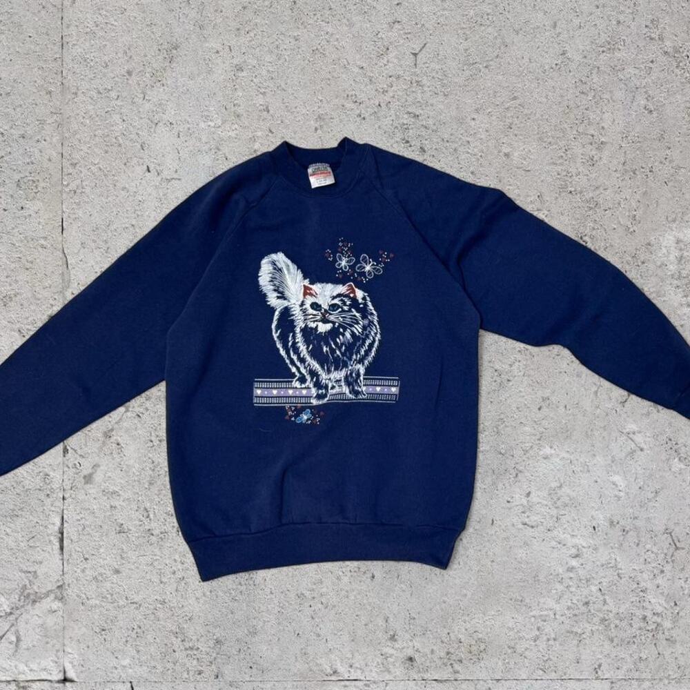 Vintage 90s Oneita Power Sweatshirt L – Navy Blue Cat Graphic USA-Made